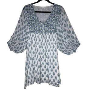 RockFlowerPaper Babydoll Dress Blue & White Bishop Sleeve Size S Boho, Cottageco